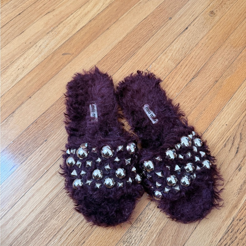 Miu Miu Plum Fur Slide Sandals with Silver Stud Accents